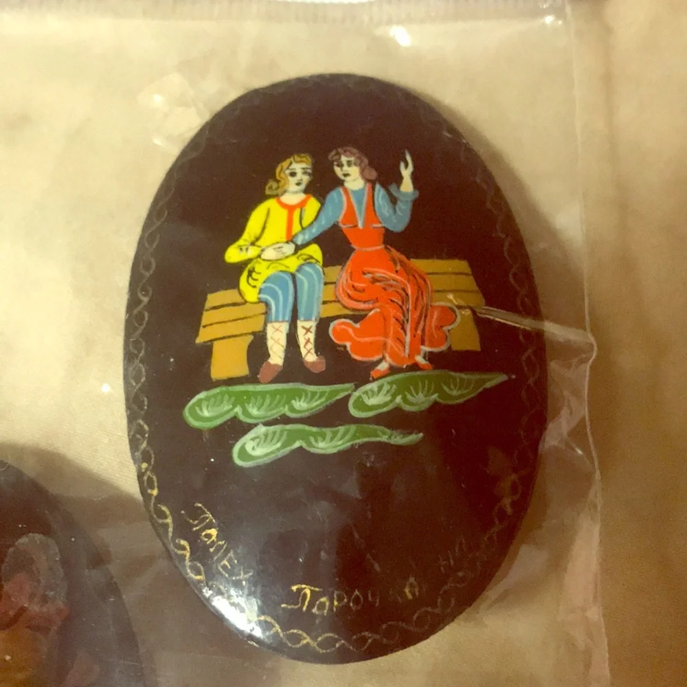 2 Russian brooches lacquer handpainted artisan signed collectors set Vintage